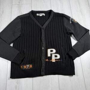 Pelle Pelle Cardigan Sweater XL Black Y2K Streetwear Hip Hop Patches